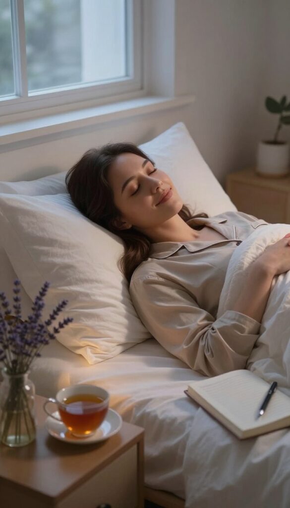 Woman sleeping peacefully in a serene bedroom with soft lighting and calming elements, illustrating the beauty benefits of sleep and stress management.