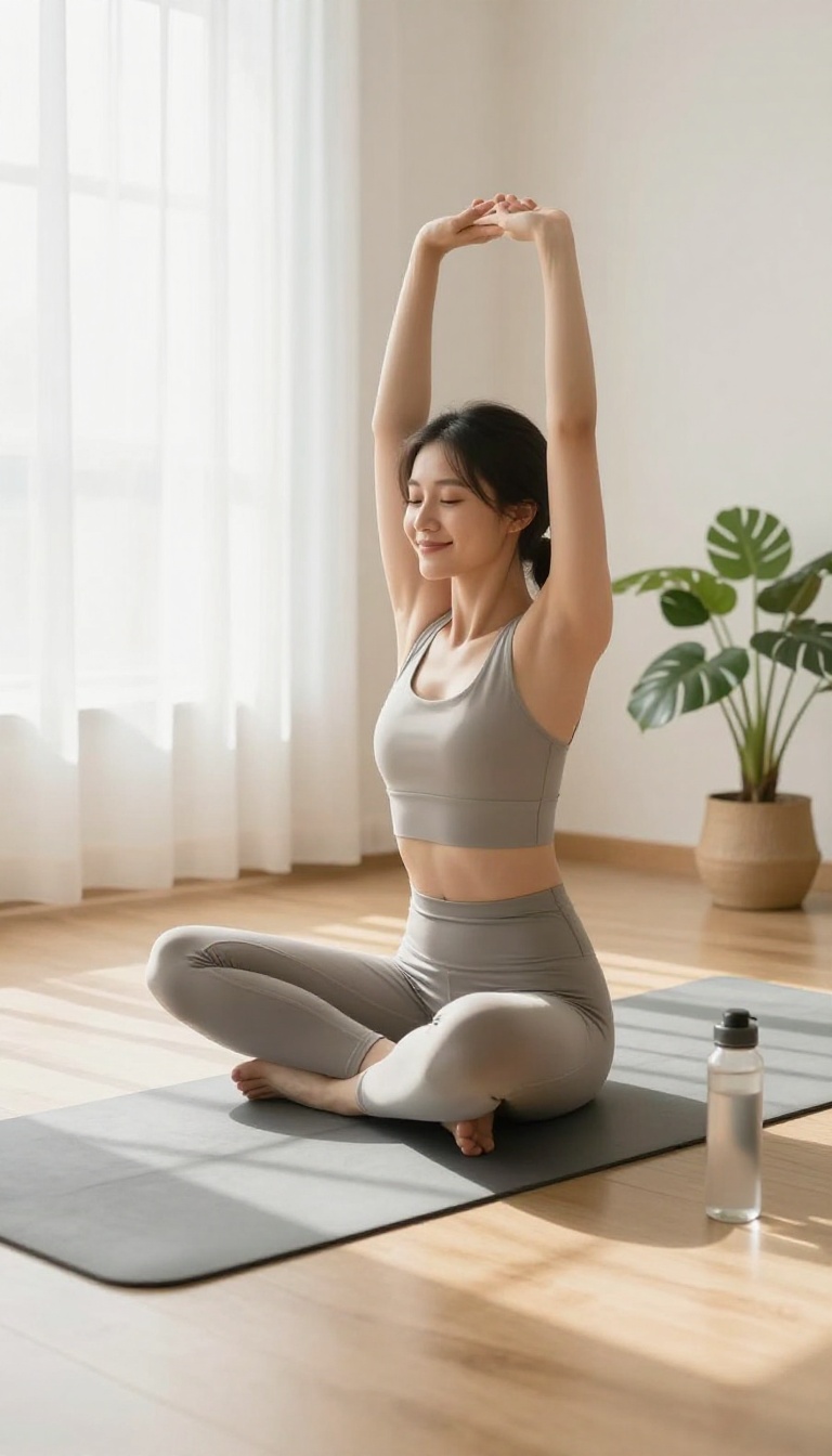Woman doing a morning stretch in a bright, minimal bedroom