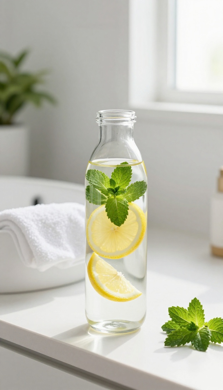 A clear water bottle with lemon and mint on a bathroom counter, symbolizing hydration for healthy skin.