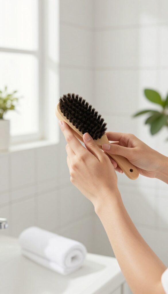 Woman dry brushing her arm with a natural-bristle brush in a bright bathroom