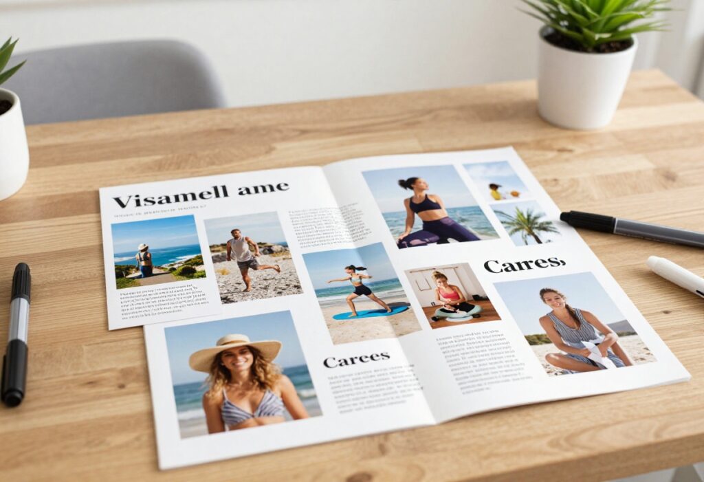 A vision board filled with images of travel, fitness, and career goals on a wooden desk