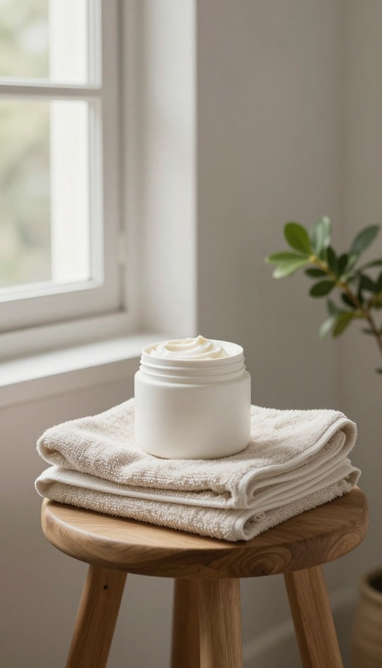 Hand holding a jar of body butter in a bright, spa-like bathroom with towels and a plant
