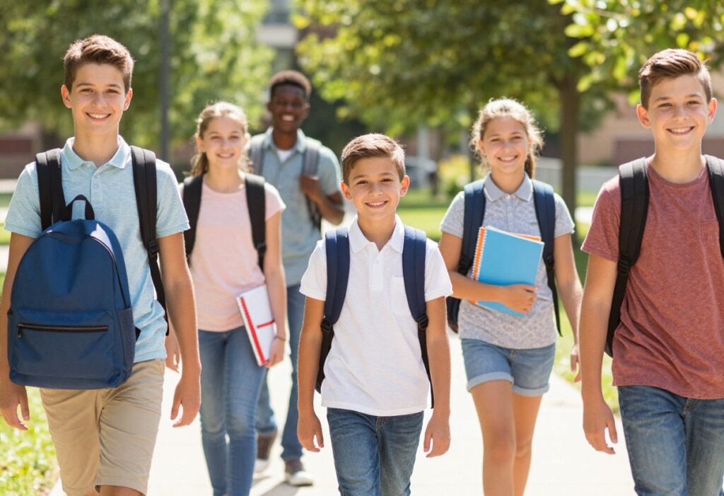 Students walking to school with backpacks, smiling and confident