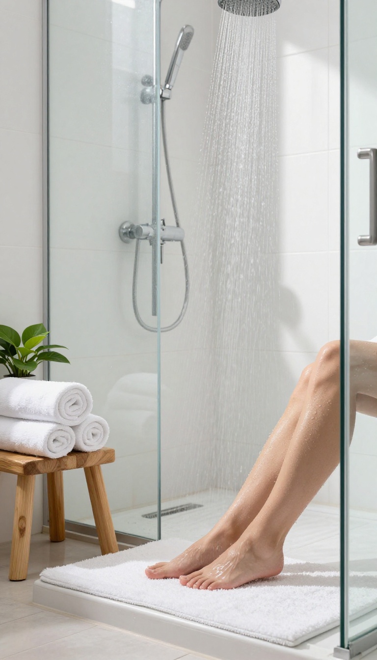 Person rinsing legs with cool water in a bright, clean shower, with water droplets on skin and a serene bathroom setting.