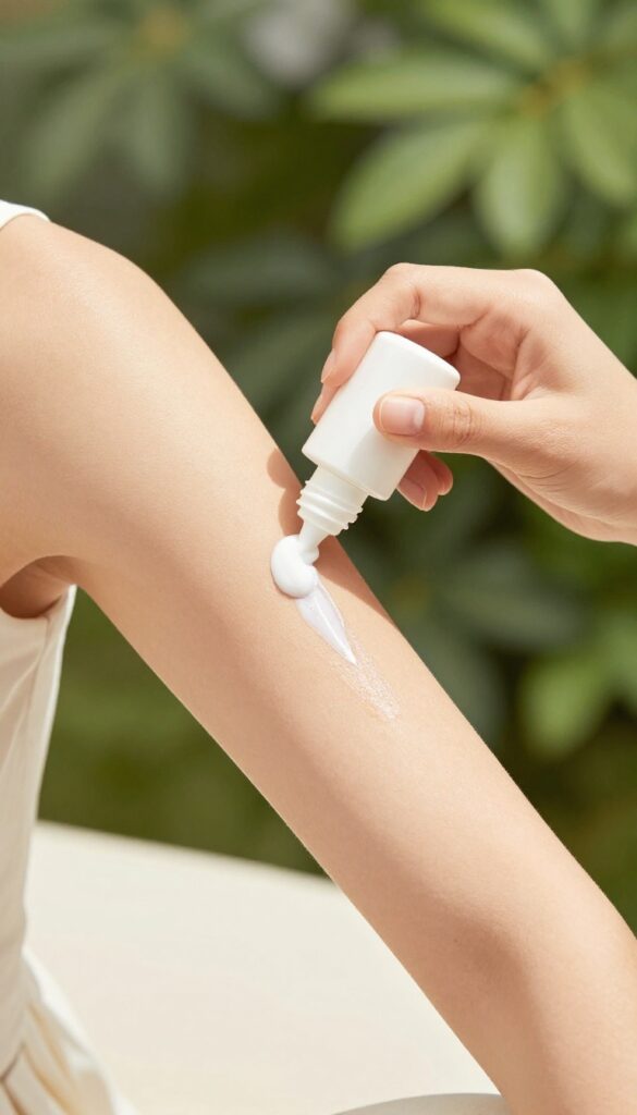 Woman applying sunscreen to her arm in a sunny garden