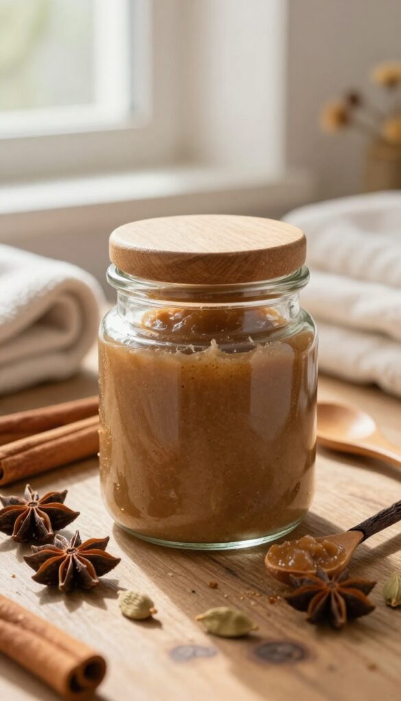 Vanilla chai body polish in a glass jar with spices on a wooden surface
