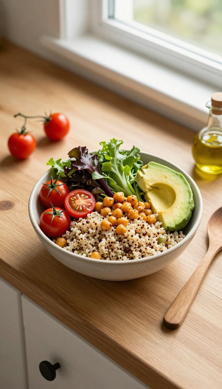 A vibrant grain bowl with roasted vegetables and fresh ingredients on a wooden kitchen counter in natural light.