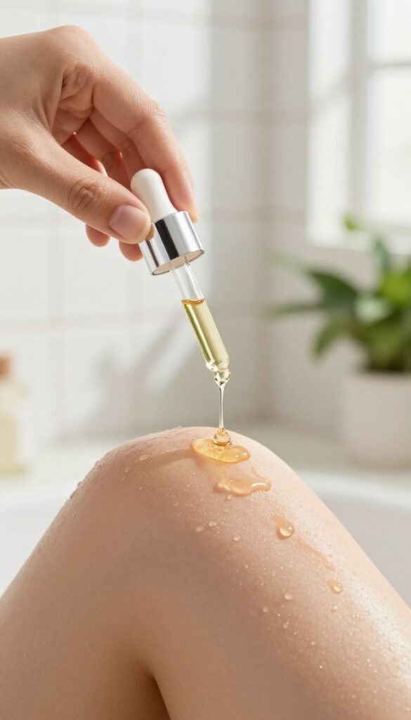 Nourishing body oil being applied to damp skin in a bright, spa-like bathroom