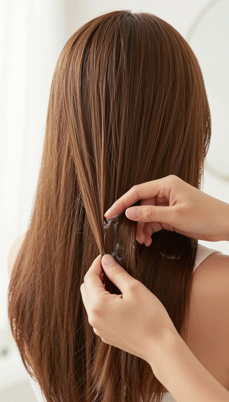 Woman applying conditioner to the ends of her long, shiny hair in a bright bathroom