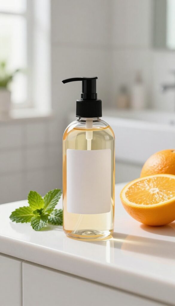A glass spray bottle of vanilla citrus body splash on a bathroom counter with fresh orange slices and mint, in bright natural light.