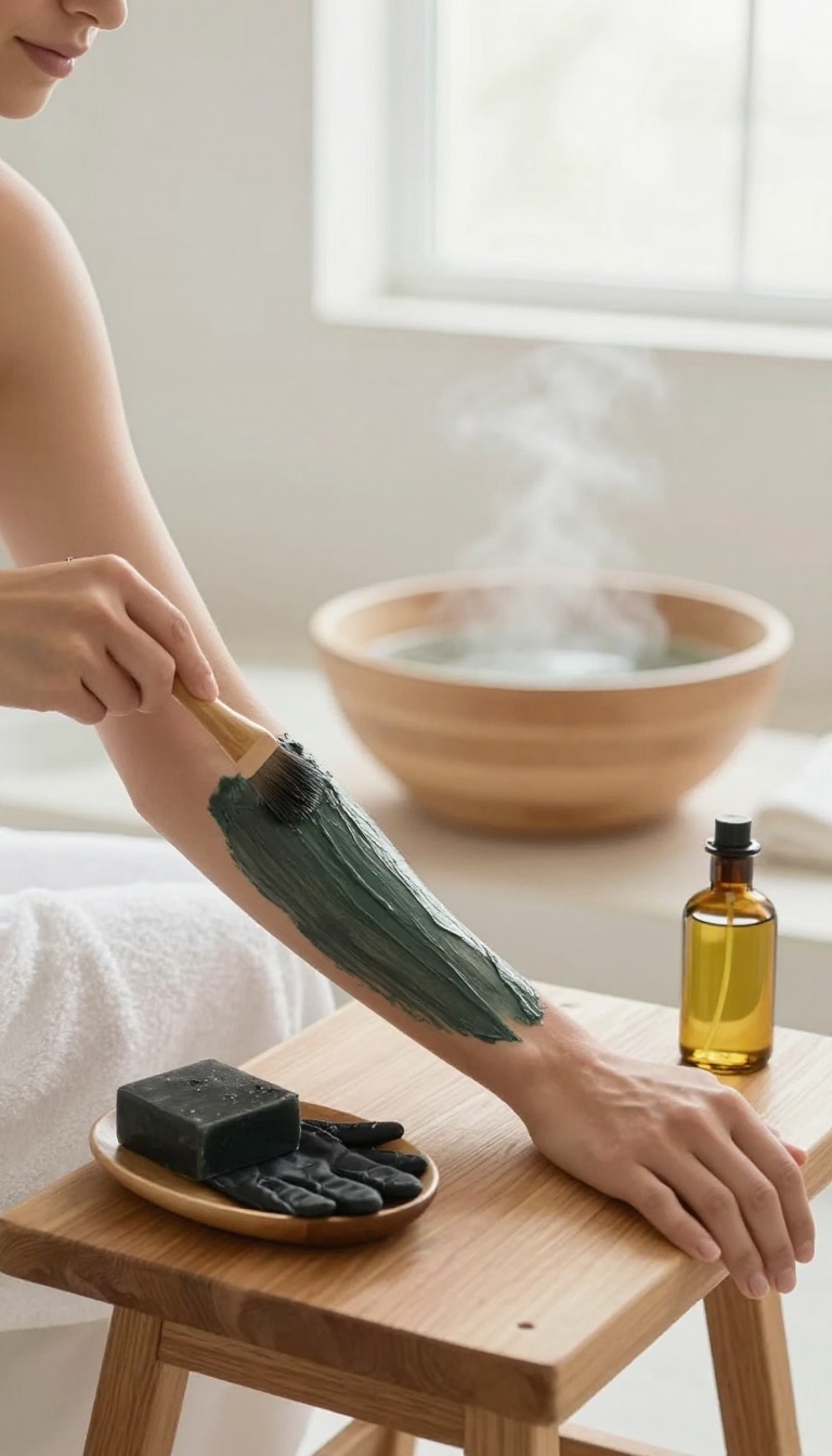 Woman applying ghassoul clay mask in a bright, serene bathroom with hammam essentials like black soap and kessa glove nearby.
