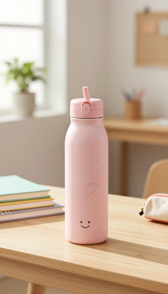 A cute pastel pink insulated water bottle with a straw lid on a wooden desk in a bright study space, surrounded by school supplies.