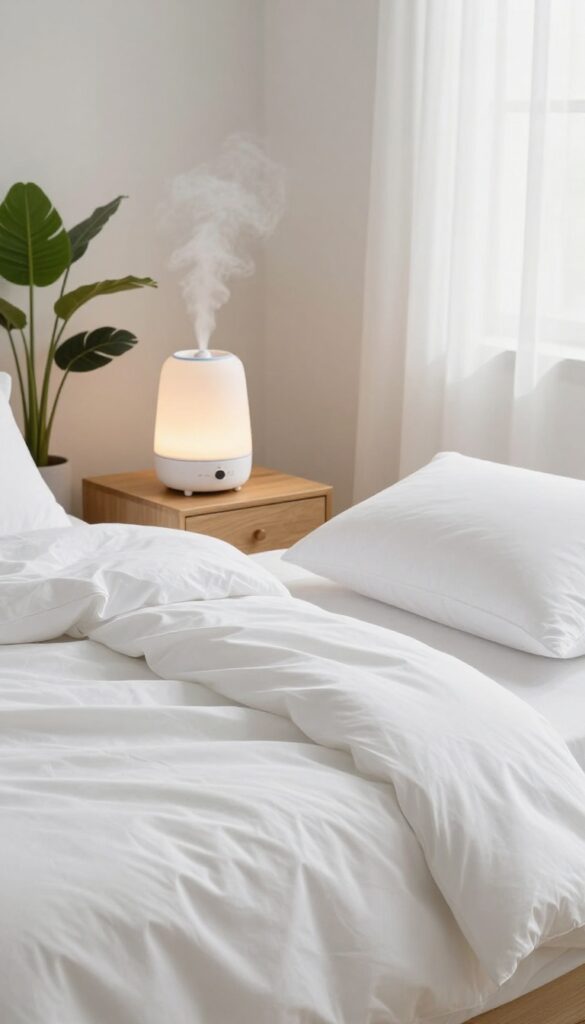 Cozy bedroom with a cool-mist humidifier on a nightstand, emitting gentle mist for skin hydration during sleep.