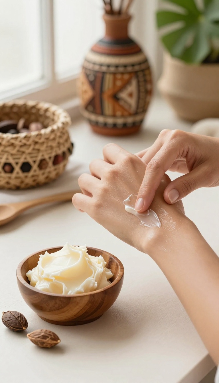 Woman applying raw shea butter to her arm in natural light, with shea nuts and a wooden bowl nearby.