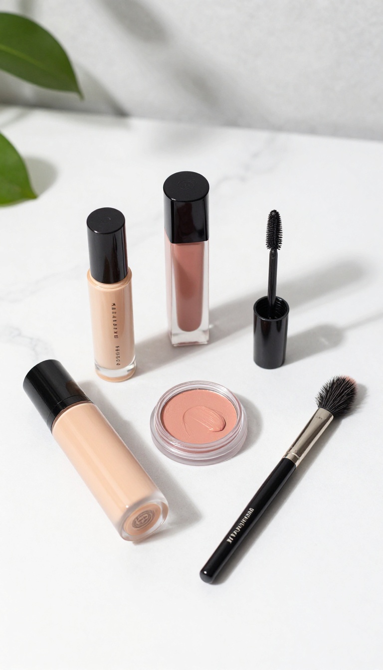Minimal makeup products arranged on a white marble surface with natural light