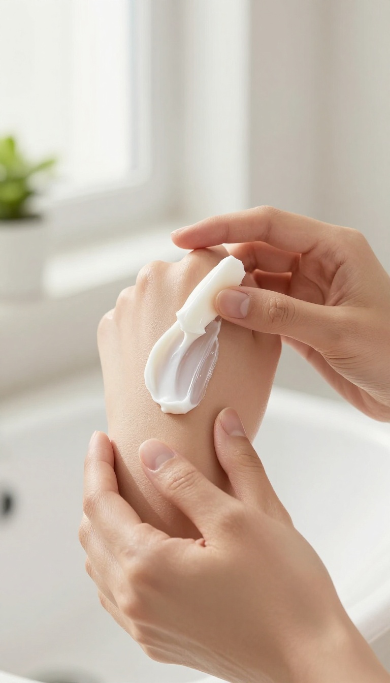 Woman applying rich body butter to her elbow in a bright bathroom