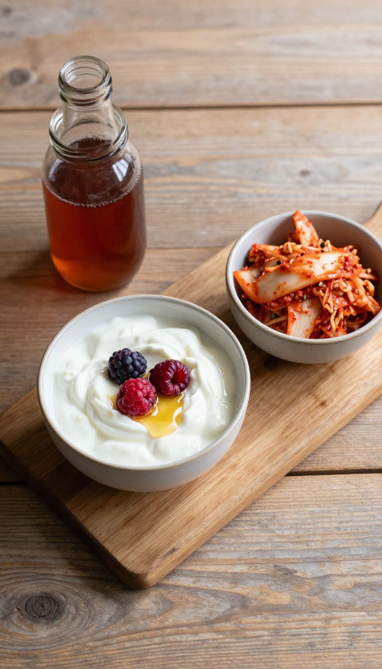 Fermented foods like yogurt, kimchi, and kombucha arranged on a wooden table, representing gut health for clear skin.