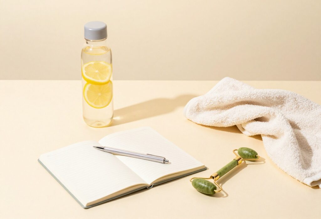 Self-care items arranged on a pastel background including water, journal, and face roller
