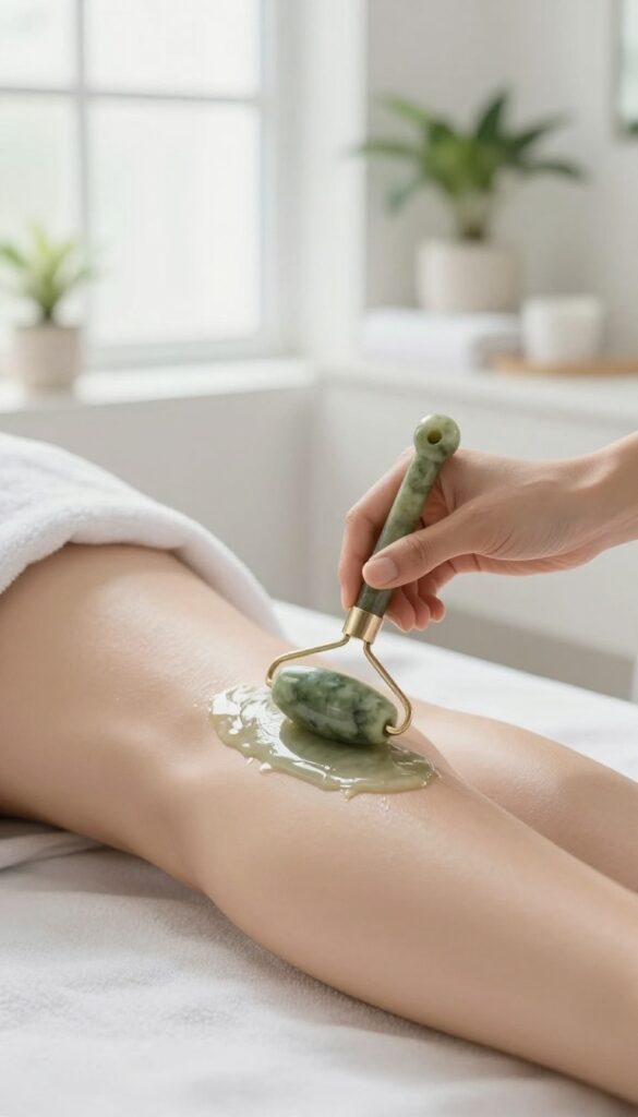 Woman using a jade roller on her arm and leg in a bright bathroom