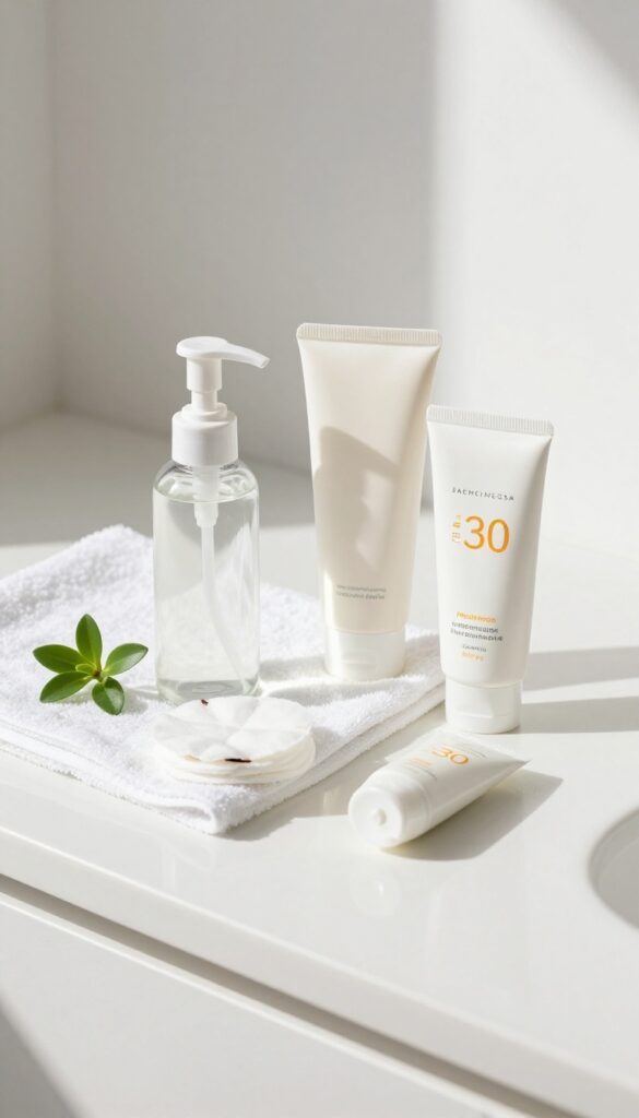 A flat lay of a simple morning skincare routine with cleanser, toner, moisturizer, and sunscreen on a bright bathroom counter.