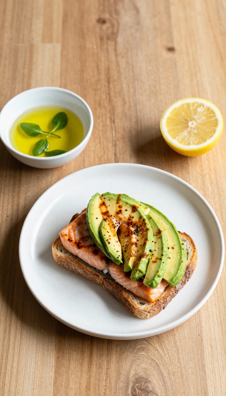 Healthy fats for skin elasticity: avocado toast, salmon, and olive oil on a wooden table