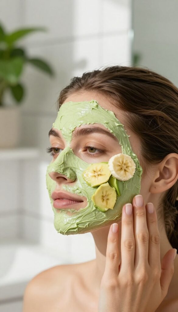 Woman applying a homemade banana and avocado mask on her arm in a bright bathroom