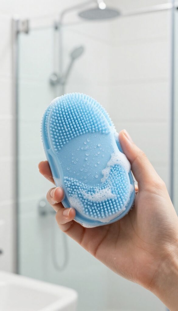 Hand holding a clean blue silicone body scrubber with lather in a bright bathroom
