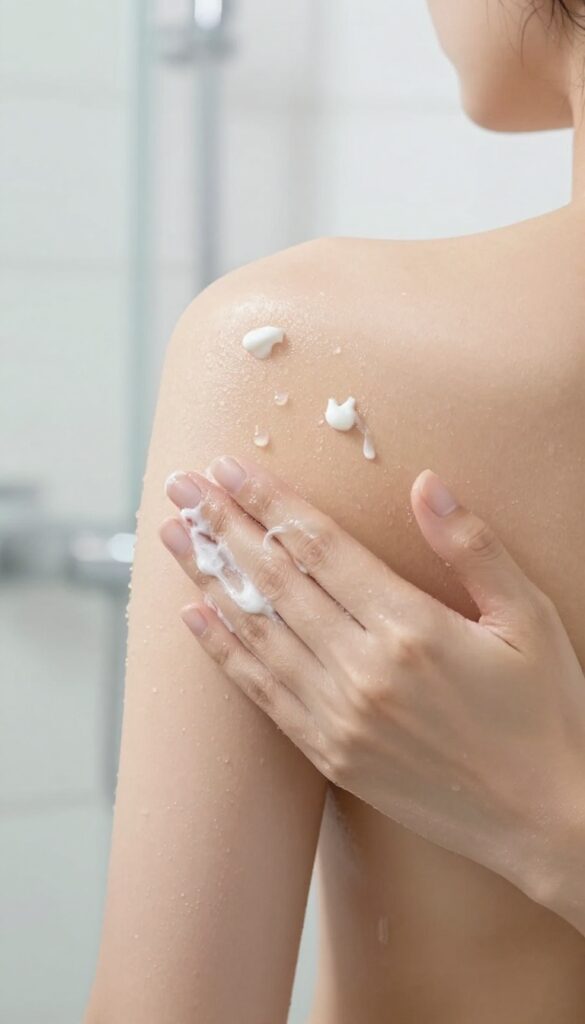 Woman applying salicylic acid body scrub to her back in a bright shower