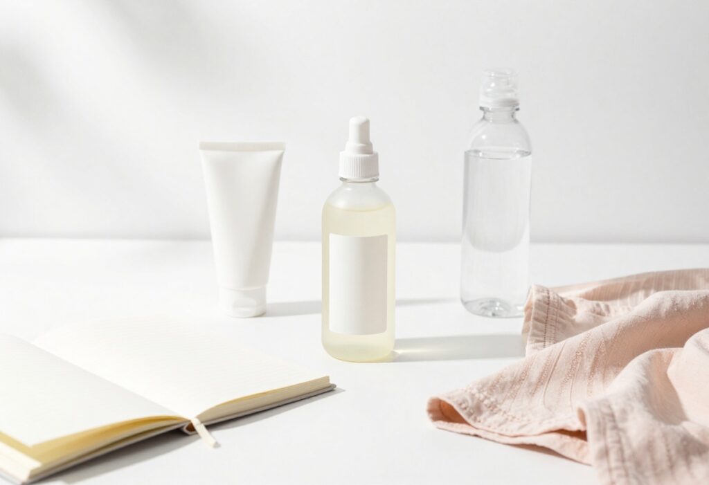 Flat lay of skincare products and self-care items on a white background