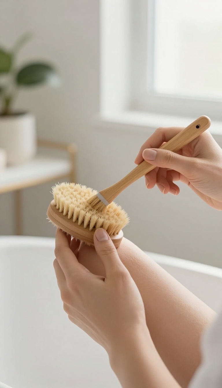 Woman dry brushing her arm with a natural bristle brush in a bright bathroom