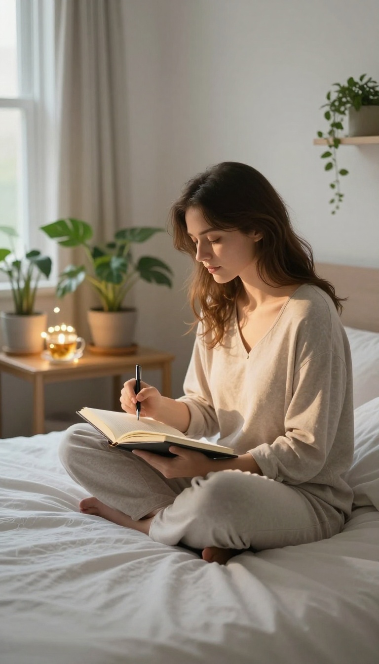 Woman reflecting in a journal in a cozy bedroom at evening