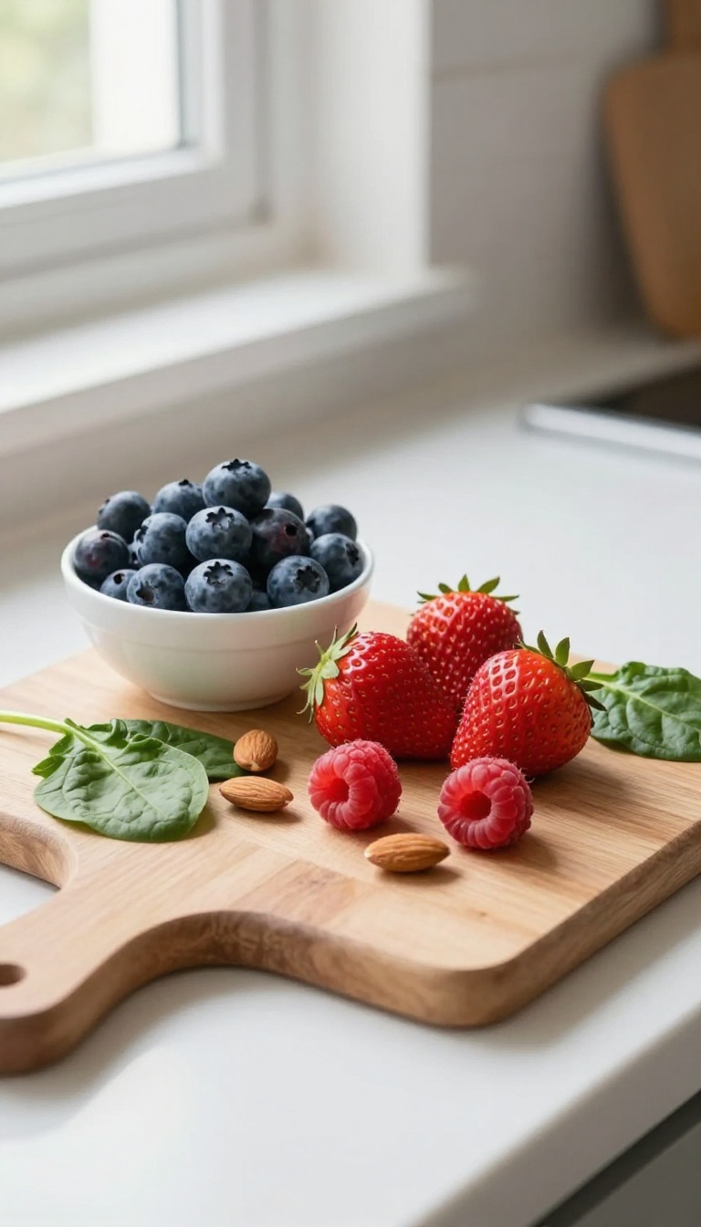 Antioxidant-rich foods like berries, spinach, and almonds on a wooden board in natural light