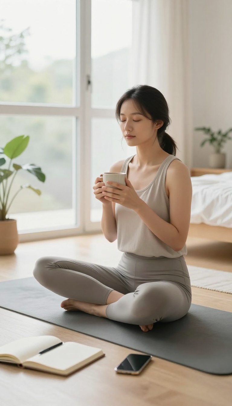 A person enjoying a peaceful digital detox morning with tea and journaling by a sunny window.