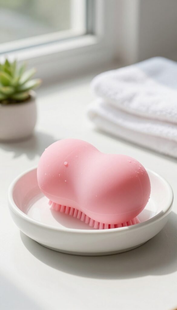 A clean silicone body scrubber on a white soap dish in a bright bathroom