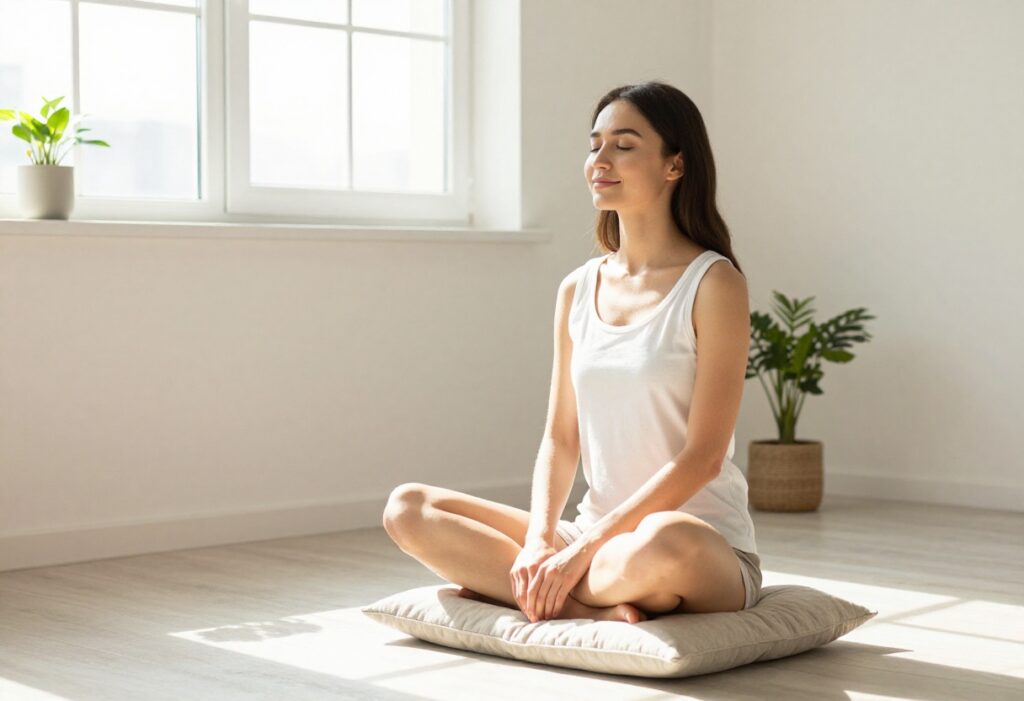 Woman meditating peacefully in a sunlit room, symbolizing mental glow-up and inner confidence