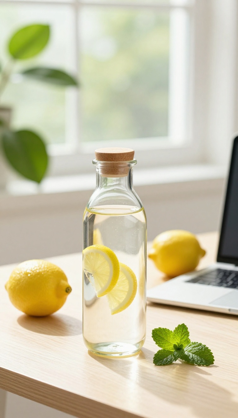 Glass water bottle with lemon and mint on a bright desk
