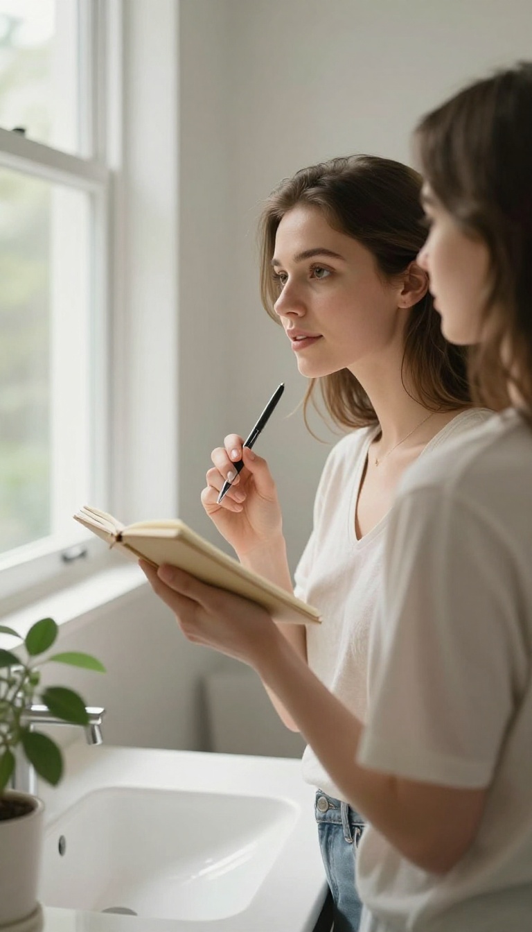Woman practicing daily affirmations in front of a mirror in a bright, cozy bathroom.