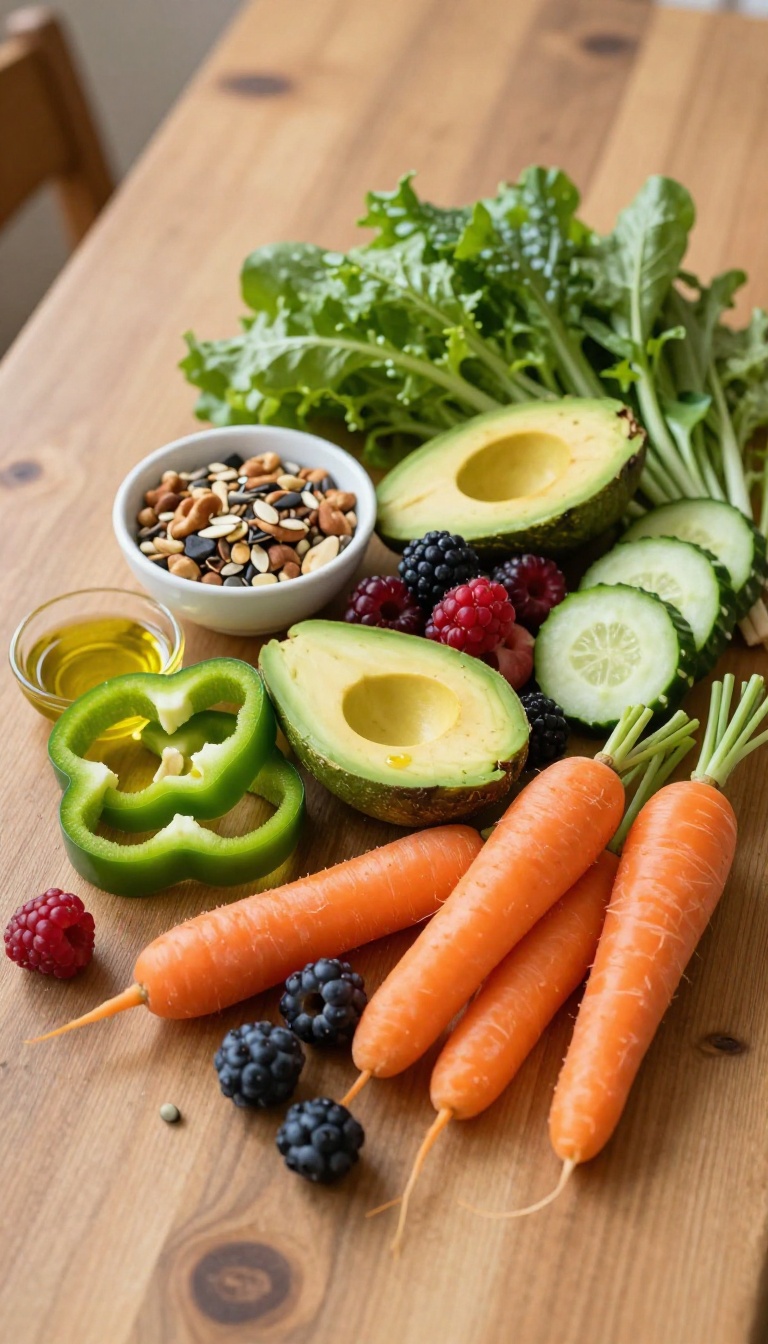 Colorful healthy foods on a wooden table including berries, avocado, leafy greens, and vegetables, arranged in a bright, clean overhead shot.