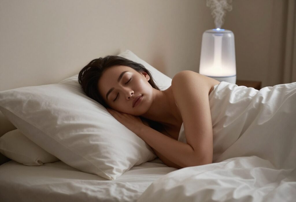 Woman sleeping peacefully on a silk pillowcase with glowing skin, representing overnight glow-up tips