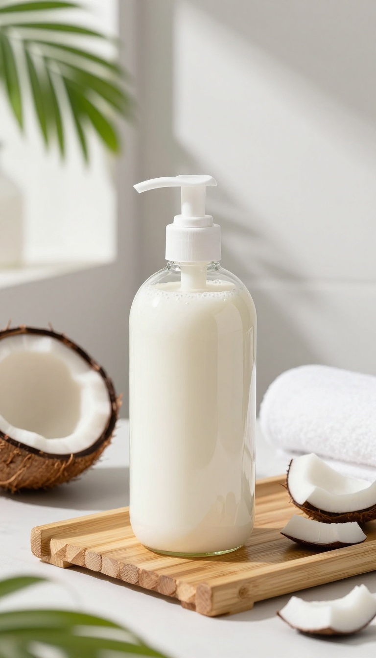 Coconut milk body wash bottle on a bamboo tray with fresh coconuts and palm leaves in a bright bathroom