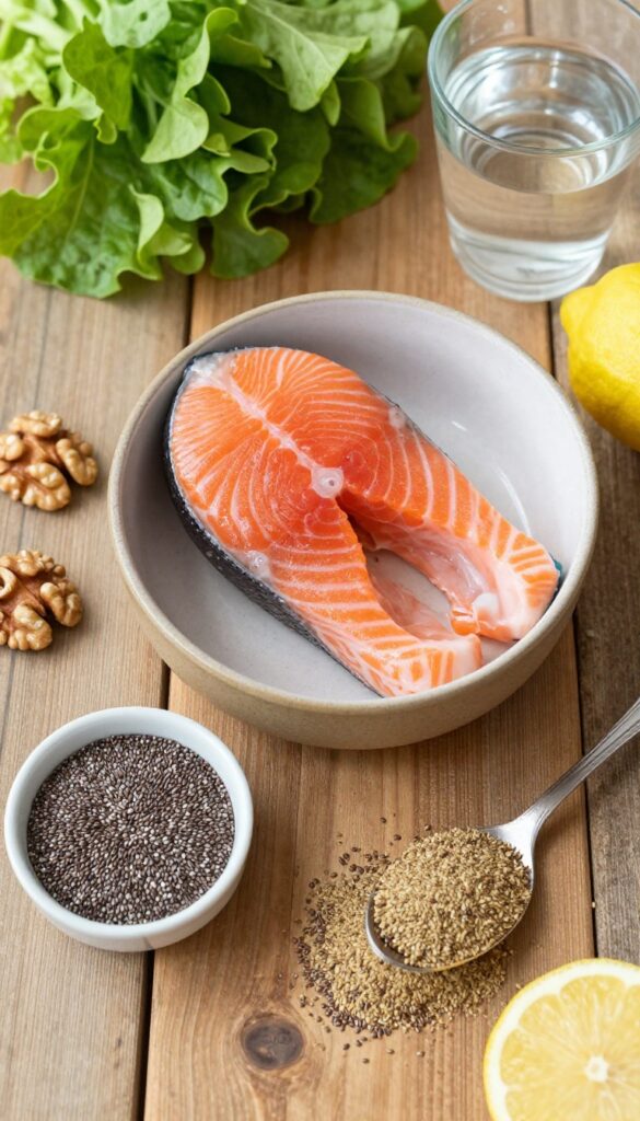 Omega-3 rich foods like salmon, walnuts, chia seeds, and flaxseed on a wooden table