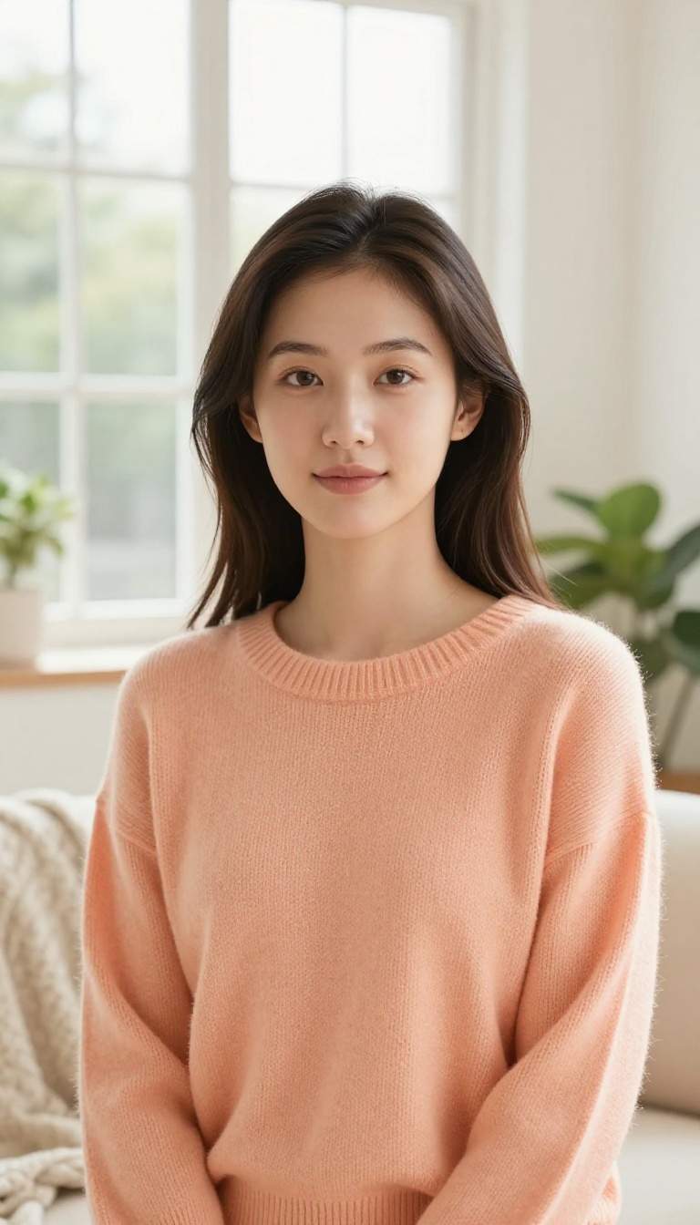 Woman in soft peach sweater in bright, airy room with natural light