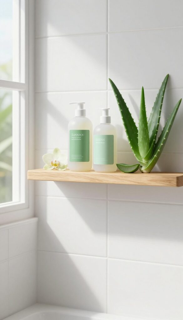 Sulfate-free body wash on a bathroom shelf with aloe vera and orchid in natural light