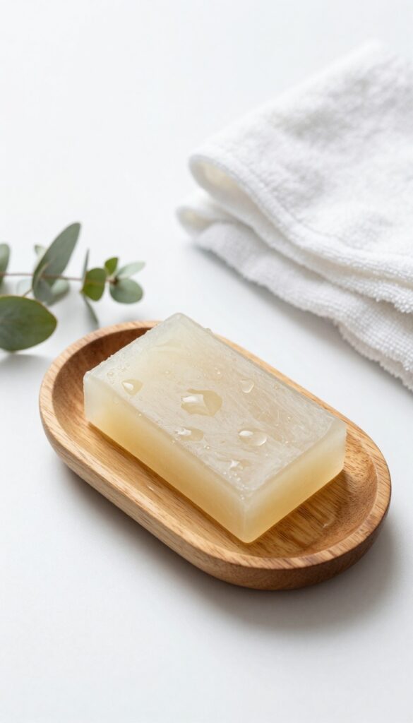 Glycerin bar soap on a wooden dish with eucalyptus leaves and a white towel