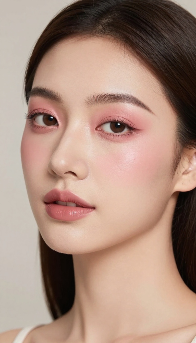 Woman with soft monochromatic dusty rose makeup look, glowing radiant finish