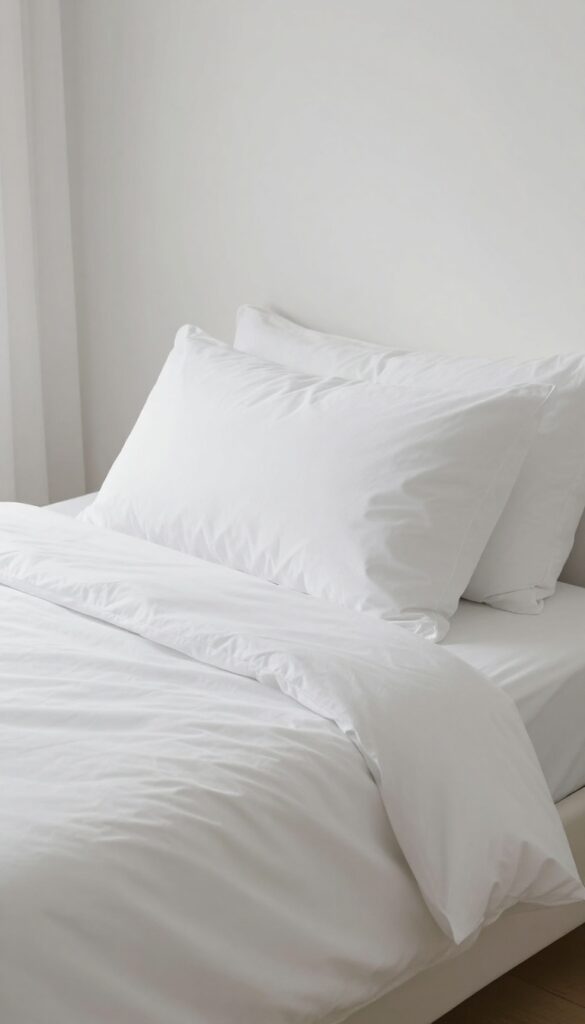 Stack of white pillows on a bed in a bright bedroom, symbolizing elevated sleep for reducing puffiness