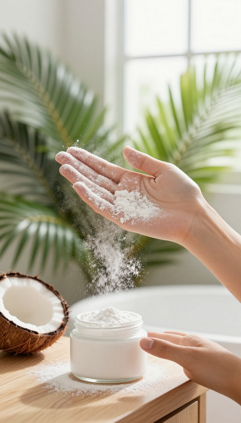 Woman applying coconut body powder to her shoulder in a bright, tropical bathroom setting.