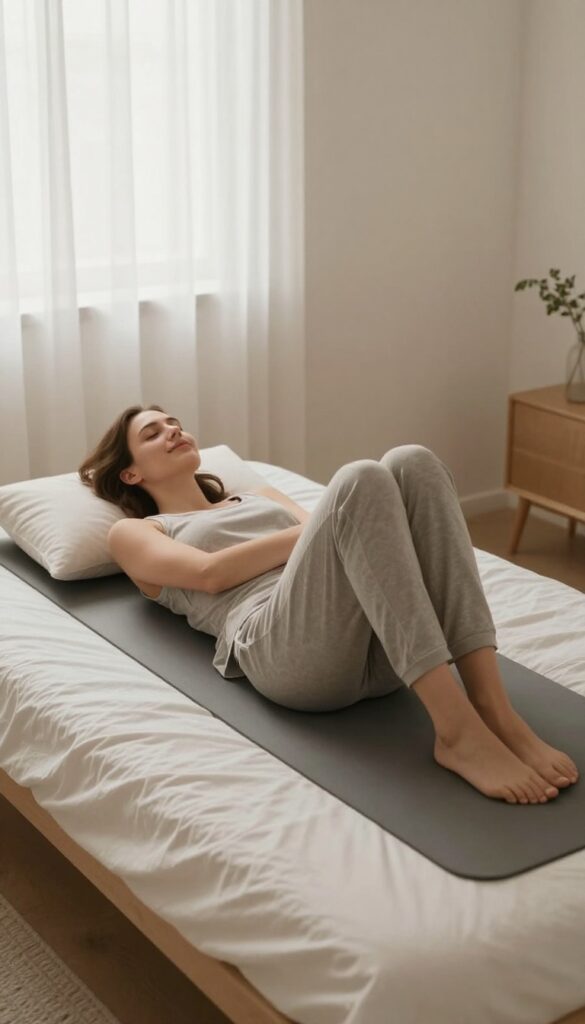 Woman stretching on yoga mat in bedroom at dusk