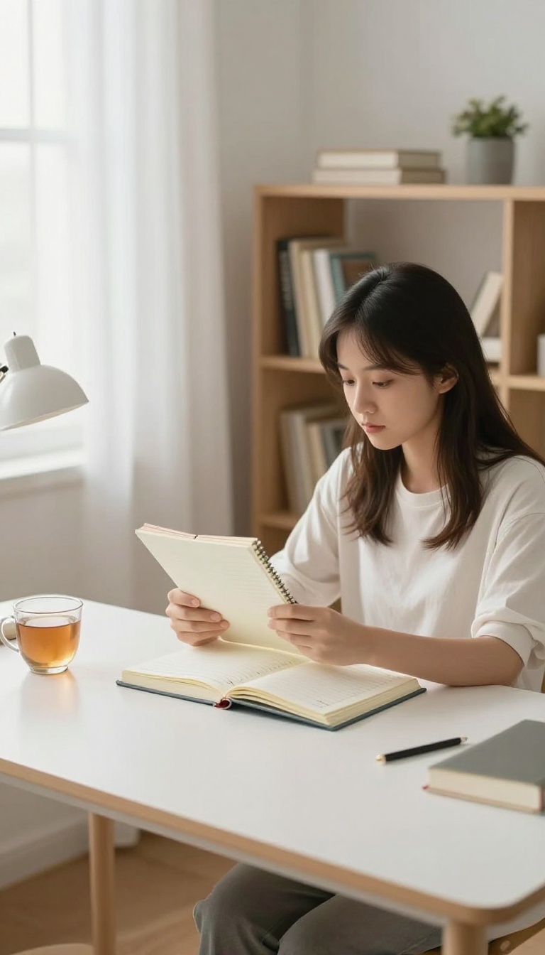 A calm student reviewing her schedule at a tidy desk, symbolizing the skill of saying no to overcommitment.