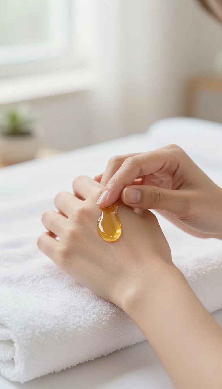 Woman massaging her arm with body oil to boost circulation for smooth, glowing skin